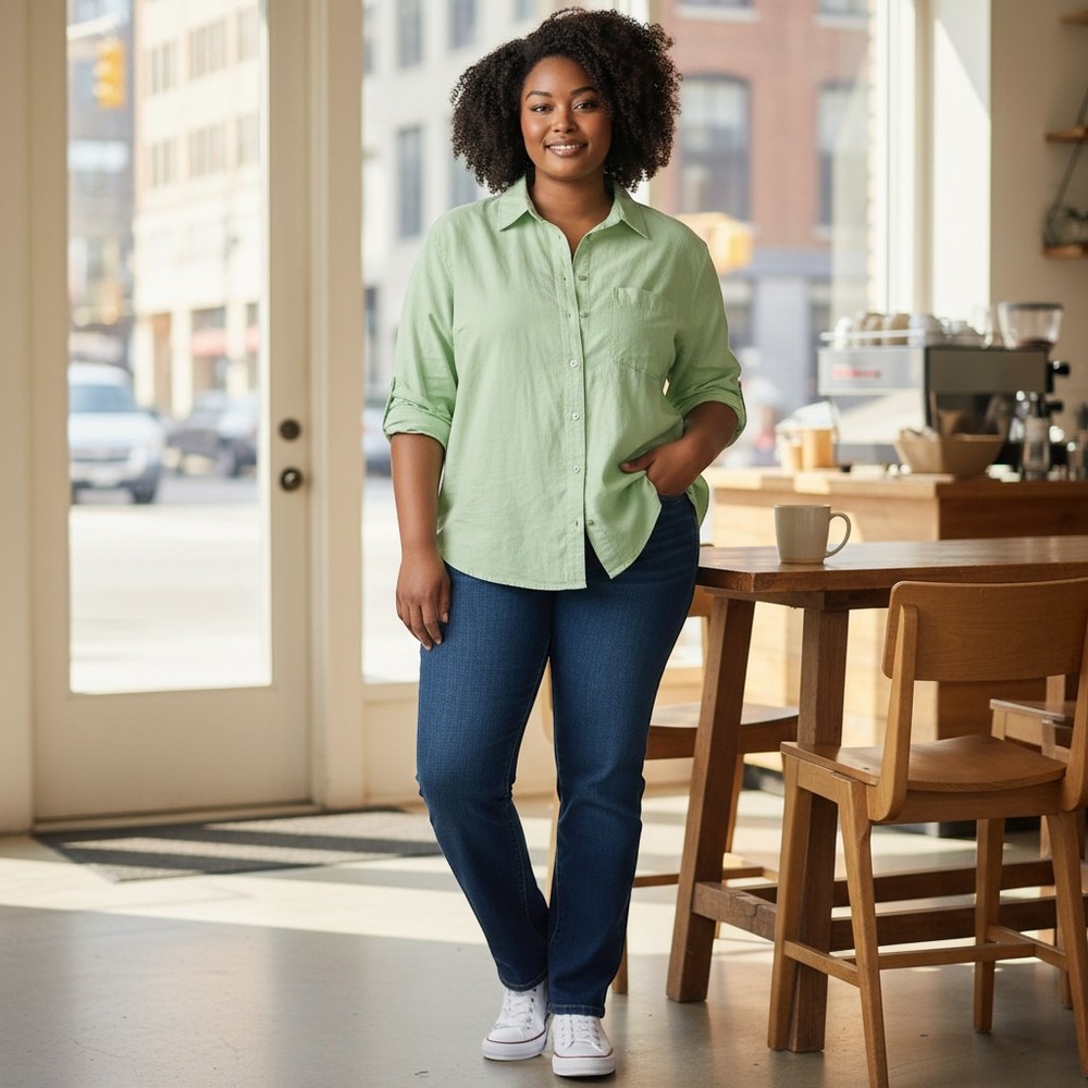 Universal Thread XXL NEW Women's 2X Linen Blend Cropped Long Sleeve Shirt Green